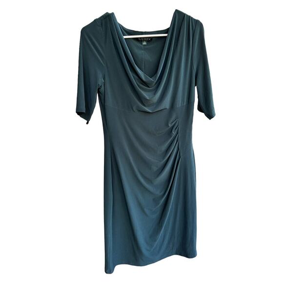 Lauren Ralph Lauren Women's Sz: 12 Woodland Green Cowl Neck Ruched Sheath Dress - Picture 2 of 12